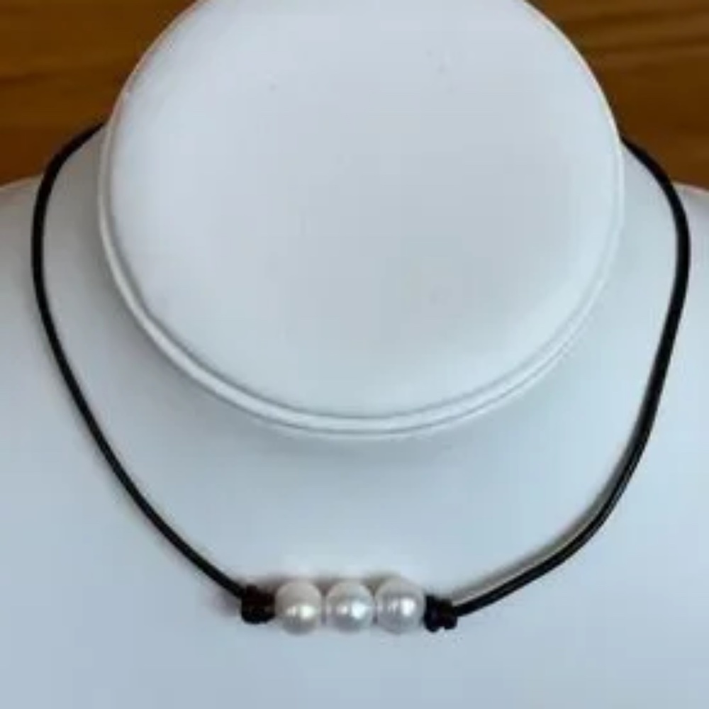 Three Cultured White Pearl REAL Black Leather Necklace - 16 Inches